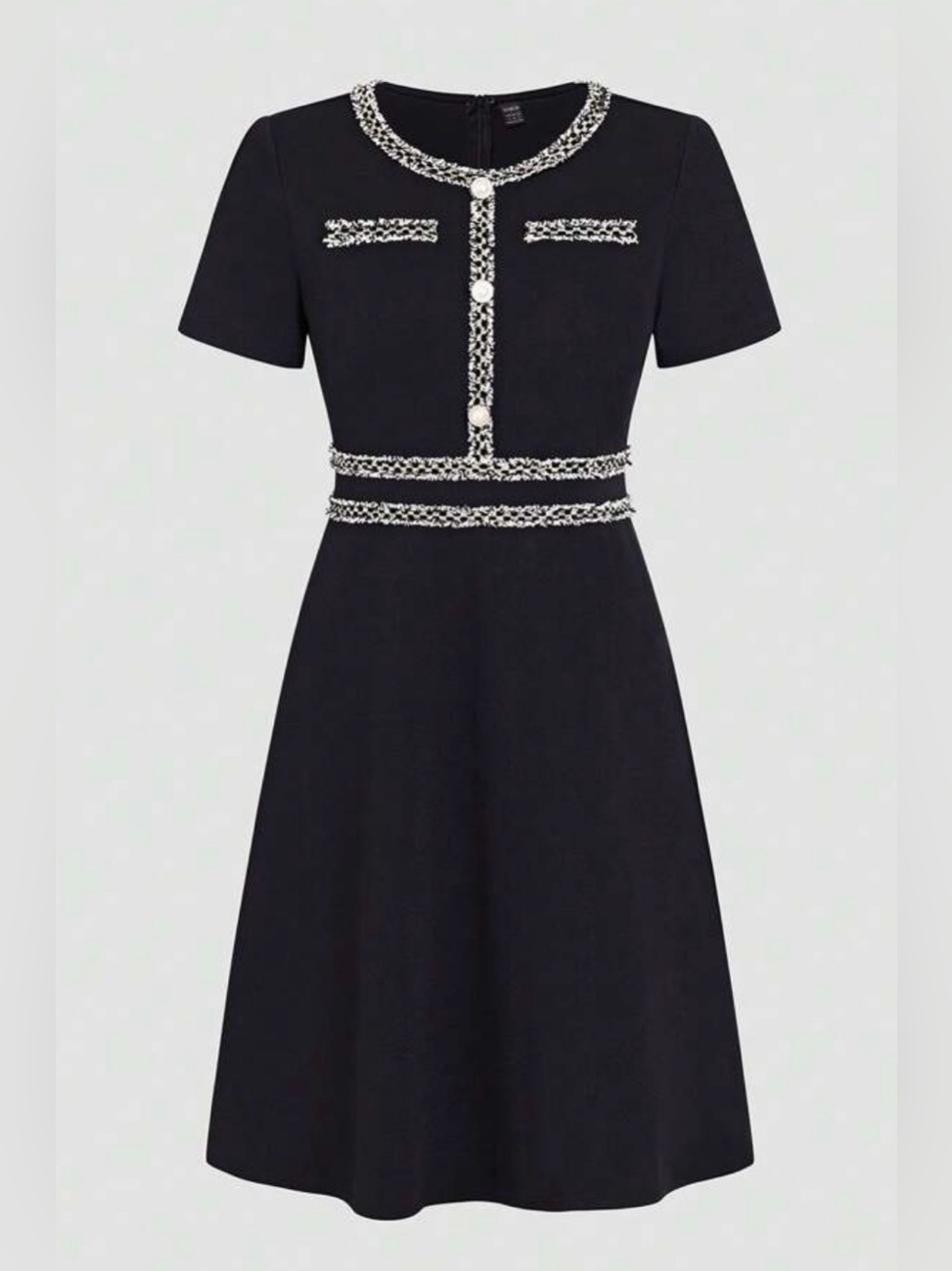 Black A-Line Dress with Tweed Trim
